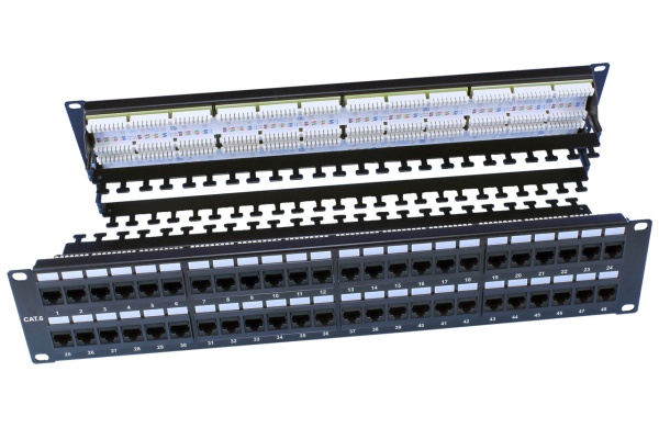 Hyperline PP3-19-48-8P8C-C6-110D Патч-панель 19", 2U, 48 портов RJ-45, категория 6, Dual IDC, ROHS, цвет черный (задний кабельный организатор в комплекте)